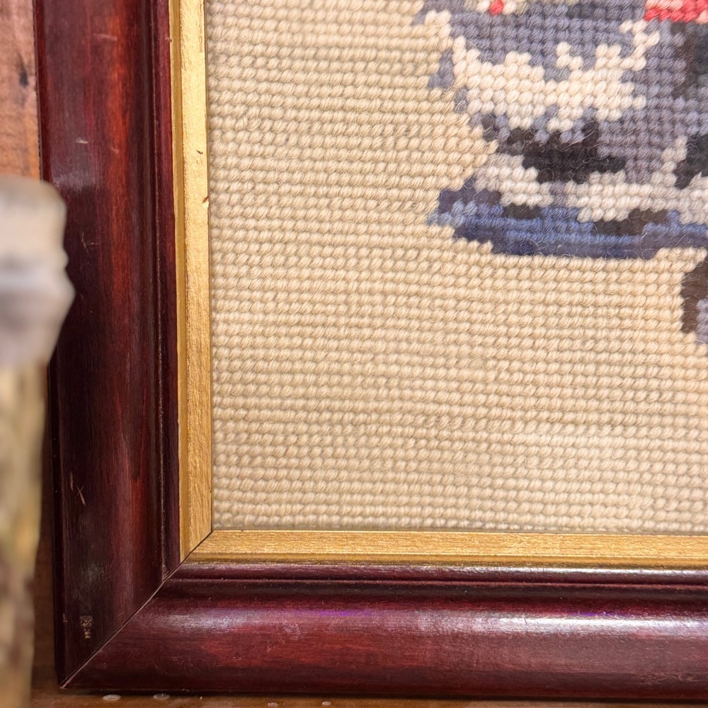 Vintage Framed Needlepoint Art Grey Kitten with Pink Bow Wood Gold Frame - Picture 6 of 7